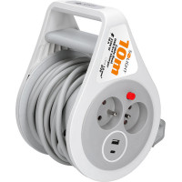 Solight prodlužovací přívod na bubnu 10m, USB A+C, 2 zásuvky, šedý kabel, 3x 1,0mm2