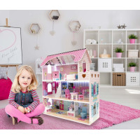 MDF dřevěný domeček pro panenky + nábytek 70cm růžový LED