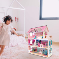 MDF dřevěný domeček pro panenky + nábytek 70cm růžový LED