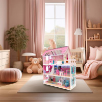 MDF dřevěný domeček pro panenky + nábytek 70cm růžový LED