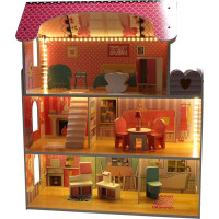 MDF dřevěný domeček pro panenky + nábytek 70cm růžový LED