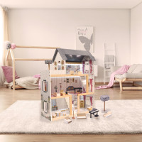 MDF dřevěný domeček pro panenky + nábytek 78cm černý LED