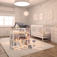MDF dřevěný domeček pro panenky + nábytek 78cm černý LED