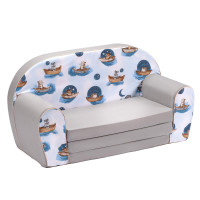 Dětská rozkládací MINI pohovka Zvířátka na lodičkách - modrá/šedá Dětská rozkládací MINI pohovka Zvířátka na lodičkách - modrá/šedá