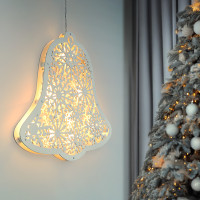 Solight LED dřevěný vánoční zvoneček, 9x LED, bílá, 30cm, časovač, 2x AA