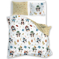 Bavlněné povlečení SCANDIC Tučňáci s dárečky - bílé/béžové - 160x200 cm