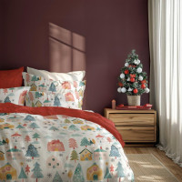 Bavlněné povlečení SCANDIC Zimní vesnička - bílé/červené - 140x200 cm