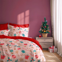 Bavlněné povlečení SCANDIC Vánoční motiv - béžové/červené - 140x200 cm