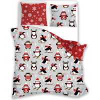 Bavlněné povlečení SCANDIC Tučňáci - šedé/červené - 220x200 cm