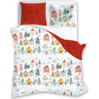 Bavlněné povlečení SCANDIC Zimní vesnička - bílé/červené - 220x200 cm