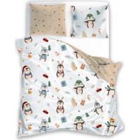 Bavlněné povlečení SCANDIC Tučňáci s dárečky - bílé/béžové - 220x200 cm