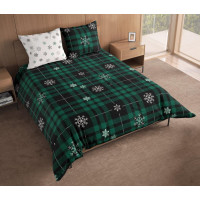 Bavlněné povlečení NORDIC Vločky - tmavě zelené/bílé - 160x200 cm + 2x 70x80 cm