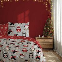 Bavlněné povlečení SCANDIC Tučňáci - šedé/červené - 140x200 cm