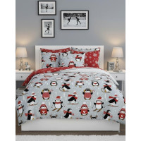 Bavlněné povlečení SCANDIC Tučňáci - šedé/červené - 140x200 cm