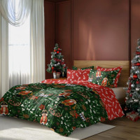 Bavlněné povlečení MAGIC WINTER Louskáčci a jmelí - tmavě zelené/červené - 160x200 cm