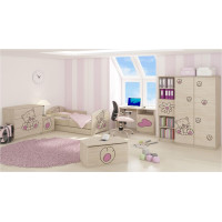 Dětská postel s výřezem růžová KOČIČKA 140x70 cm, dub sonoma + 2x krátká zábrana, šuplík, matrace