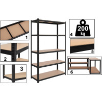 Policový regál - 5 polic - 205x120x45 cm - černý