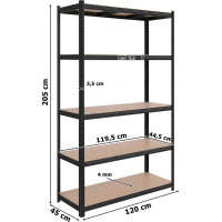 Policový regál - 5 polic - 205x120x45 cm - černý