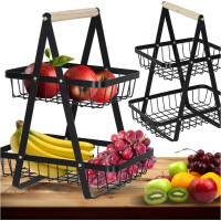 Dvoupatrový koš na ovoce a zeleninu - černý (kov, dřevo)