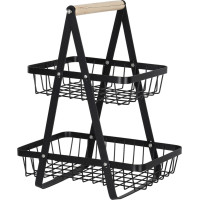 Dvoupatrový koš na ovoce a zeleninu - černý (kov, dřevo)