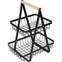 Dvoupatrový koš na ovoce a zeleninu - černý (kov, dřevo)