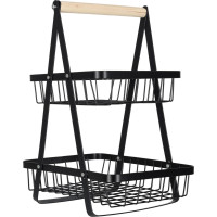Dvoupatrový koš na ovoce a zeleninu - černý (kov, dřevo)