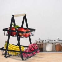 Dvoupatrový koš na ovoce a zeleninu - černý (kov, dřevo)