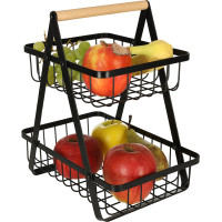 Dvoupatrový koš na ovoce a zeleninu - černý (kov, dřevo)