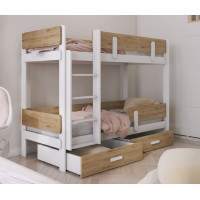 Dětská patrová postel z masivu borovice ETTORE se šuplíky 200x90 cm - bílá/dub shetland, žebřík vlevo