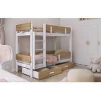 Dětská patrová postel z masivu borovice ETTORE se šuplíky 200x90 cm - bílá/dub shetland, žebřík vlevo