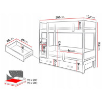 Dětská patrová postel z masivu borovice ETTORE se šuplíky 200x90 cm - bílá/dub shetland, žebřík vlevo