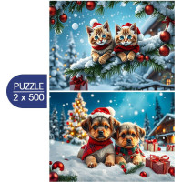 ALIPSON Puzzle Vánoční koťátka a štěňátka 2x500 dílků