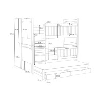 Dětská patrová postel z masivu borovice ADRIANA s přistýlkou a šuplíky - 200x90 cm - PŘÍRODNÍ BOROVICE