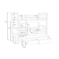 Dětská patrová postel z masivu borovice EMA s přistýlkou a šuplíky - 200x90 cm - PŘÍRODNÍ BOROVICE