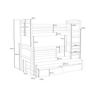 Dětská patrová postel z masivu borovice OLÍVIE s přistýlkou a šuplíky - 190x90 cm - BÍLÁ