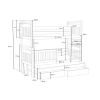 Dětská patrová postel z masivu borovice ONDRA s přistýlkou a šuplíky - 180x80 cm - BÍLÁ
