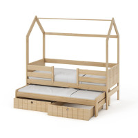 Dětská domečková postel z masivu borovice NOLAN se šuplíky a přistýlkou - 180x80 cm - přírodní borovice