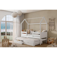 Dětská domečková postel z masivu borovice NOLAN se šuplíky a přistýlkou - 200x90 cm - bílá