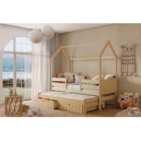 Dětská domečková postel z masivu borovice NOLAN se šuplíky a přistýlkou - 180x80 cm - přírodní borovice