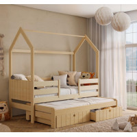 Dětská domečková postel z masivu borovice NOLAN se šuplíky a přistýlkou - 180x80 cm - přírodní borovice