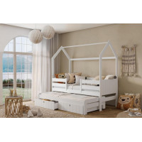 Dětská domečková postel z masivu borovice NOLAN II se šuplíky a přistýlkou - 180x80 cm - bílá