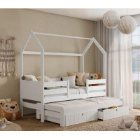 Dětská domečková postel z masivu borovice NOLAN II se šuplíky a přistýlkou - 200x90 cm - bílá