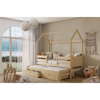 Dětská domečková postel z masivu borovice NOLAN II se šuplíky a přistýlkou - 200x90 cm - přírodní borovice