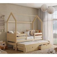 Dětská domečková postel z masivu borovice NOLAN II se šuplíky a přistýlkou - 180x80 cm - přírodní borovice