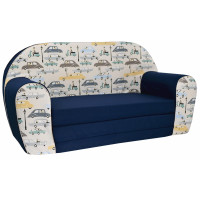 Dětská rozkládací JUNIOR pohovka Retro auta - tmavě modrá/krémová