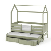 Dětská domečková postel z masivu borovice NOLAN II se šuplíky a přistýlkou - 200x90 cm - olivově zelená