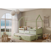 Dětská domečková postel z masivu borovice NOLAN II se šuplíky a přistýlkou - 180x80 cm - olivově zelená