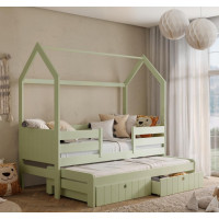 Dětská domečková postel z masivu borovice NOLAN II se šuplíky a přistýlkou - 180x80 cm - olivově zelená
