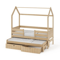 Dětská domečková postel z masivu borovice NOLAN II se šuplíky a přistýlkou - 180x80 cm - přírodní borovice