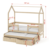 Dětská domečková postel z masivu borovice NOLAN II se šuplíky a přistýlkou - 180x80 cm - olivově zelená